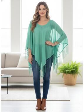 Zero Zero Woman Mint Green Sheer Poncho Top with Fringe